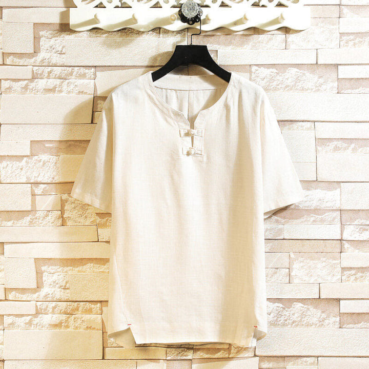 Buddha Stones Summer Chinese Frog-button Men's Solid Color Button Short Sleeve Cotton Linen Shirt - Beige - US/UK/AU46，EU56 (5XL) - image 11