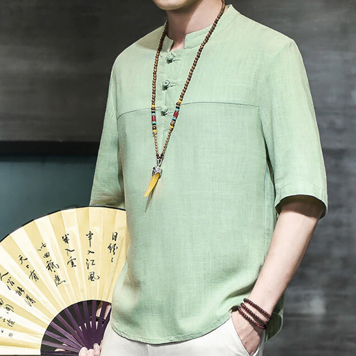 Buddha Stones Casual Vintage  Chinese Frog-Button Men's Half Sleeve Cotton Linen T-Shirt - image 18