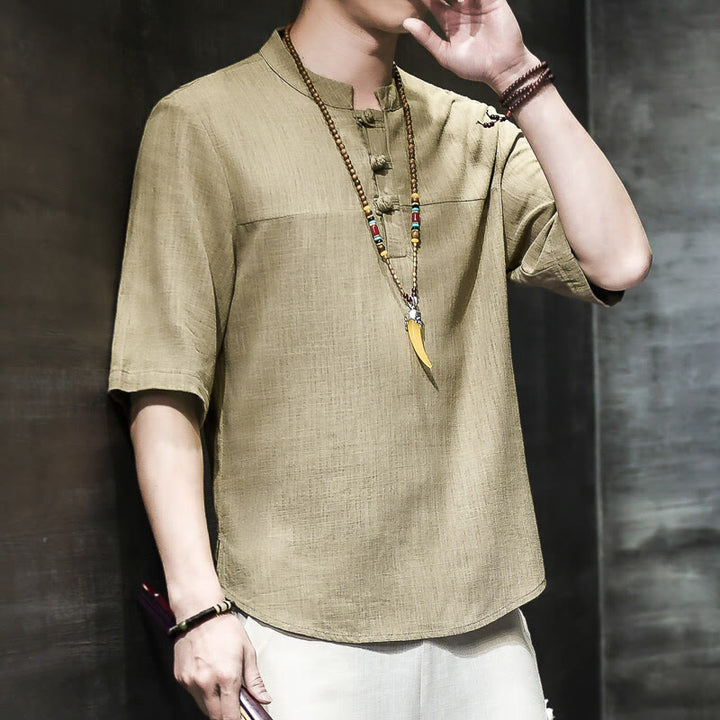 Buddha Stones Casual Vintage  Chinese Frog-Button Men's Half Sleeve Cotton Linen T-Shirt - image 3