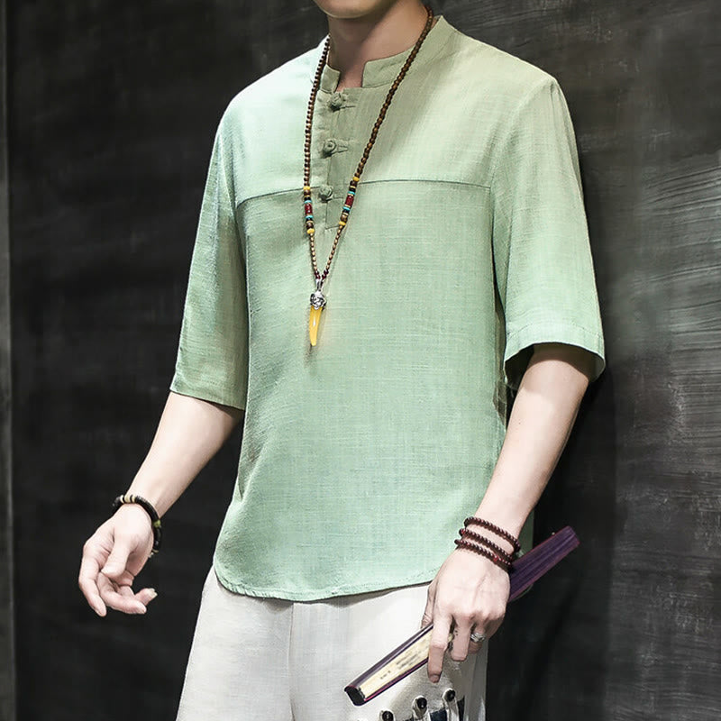 Buddha Stones Casual Vintage  Chinese Frog-Button Men's Half Sleeve Cotton Linen T-Shirt - image 16