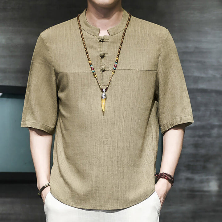 Buddha Stones Casual Vintage  Chinese Frog-Button Men's Half Sleeve Cotton Linen T-Shirt - image 2