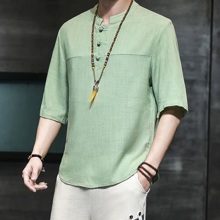 Buddha Stones Casual Vintage  Chinese Frog-Button Men's Half Sleeve Cotton Linen T-Shirt - image 15