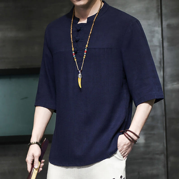 Buddha Stones Casual Vintage  Chinese Frog-Button Men's Half Sleeve Cotton Linen T-Shirt - image 22