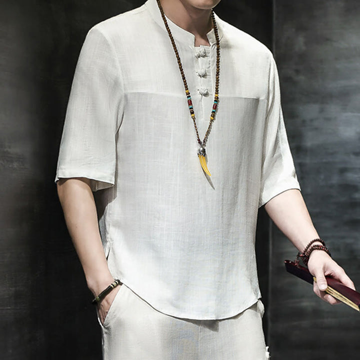 Buddha Stones Casual Vintage  Chinese Frog-Button Men's Half Sleeve Cotton Linen T-Shirt - image 12