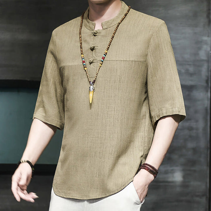 Buddha Stones Casual Vintage  Chinese Frog-Button Men's Half Sleeve Cotton Linen T-Shirt - DarkKhaki - US/UK/AU46，EU56 (5XL) - image 0