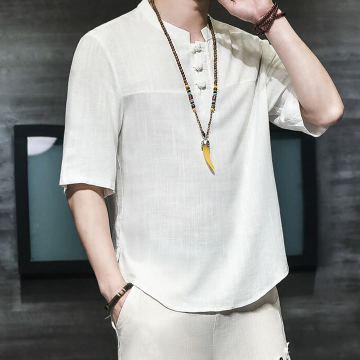 Buddha Stones Casual Vintage  Chinese Frog-Button Men's Half Sleeve Cotton Linen T-Shirt - image 10