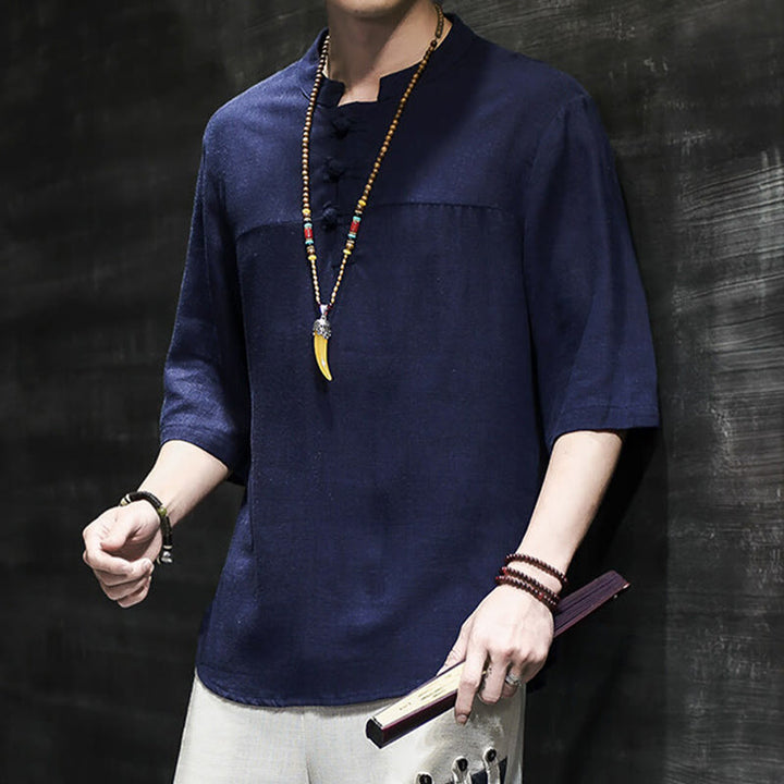 Buddha Stones Casual Vintage  Chinese Frog-Button Men's Half Sleeve Cotton Linen T-Shirt - image 23