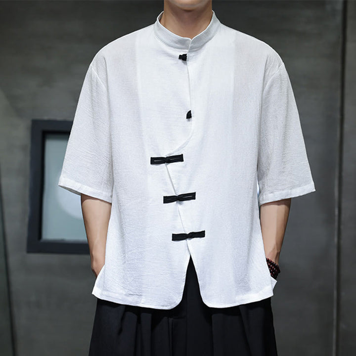 Buddha Stones Plain Chinese Frog-Button Stand Collar Cotton Linen Men's Half Sleeve Shirt - image 8
