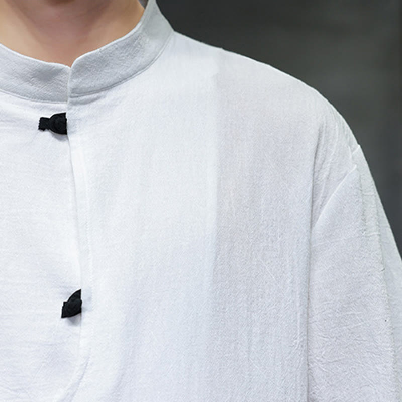 Buddha Stones Plain Chinese Frog-Button Stand Collar Cotton Linen Men's Half Sleeve Shirt - image 11