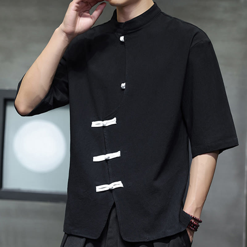 Buddha Stones Plain Chinese Frog-Button Stand Collar Cotton Linen Men's Half Sleeve Shirt - image 3