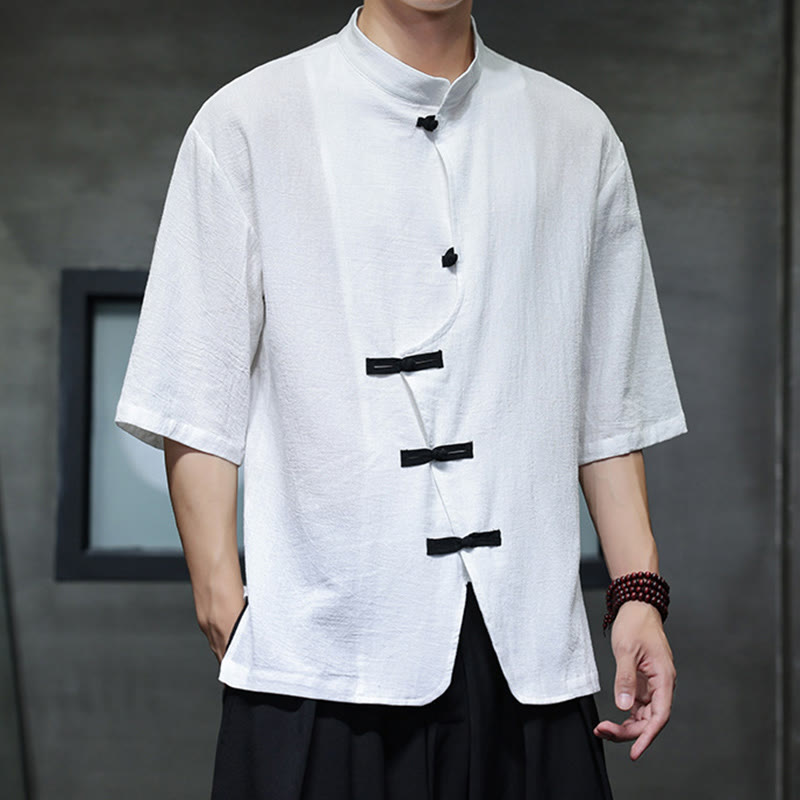 Buddha Stones Plain Chinese Frog-Button Stand Collar Cotton Linen Men's Half Sleeve Shirt - White - US/UK/AU46，EU56 (5XL) - image 7