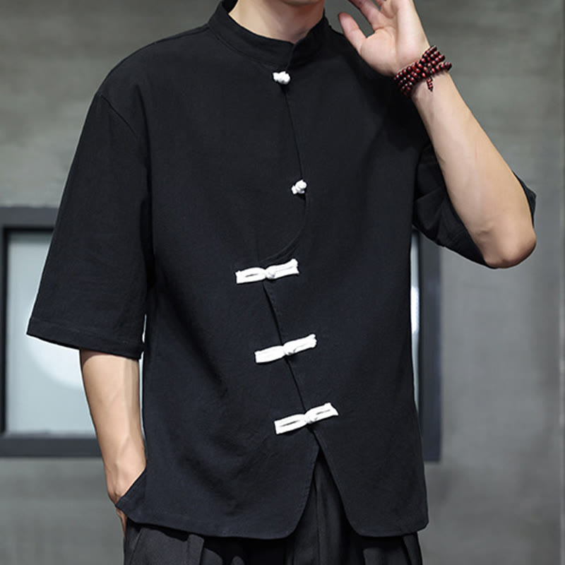 Buddha Stones Plain Chinese Frog-Button Stand Collar Cotton Linen Men's Half Sleeve Shirt - Black - US/UK/AU46，EU56 (5XL) - image 1