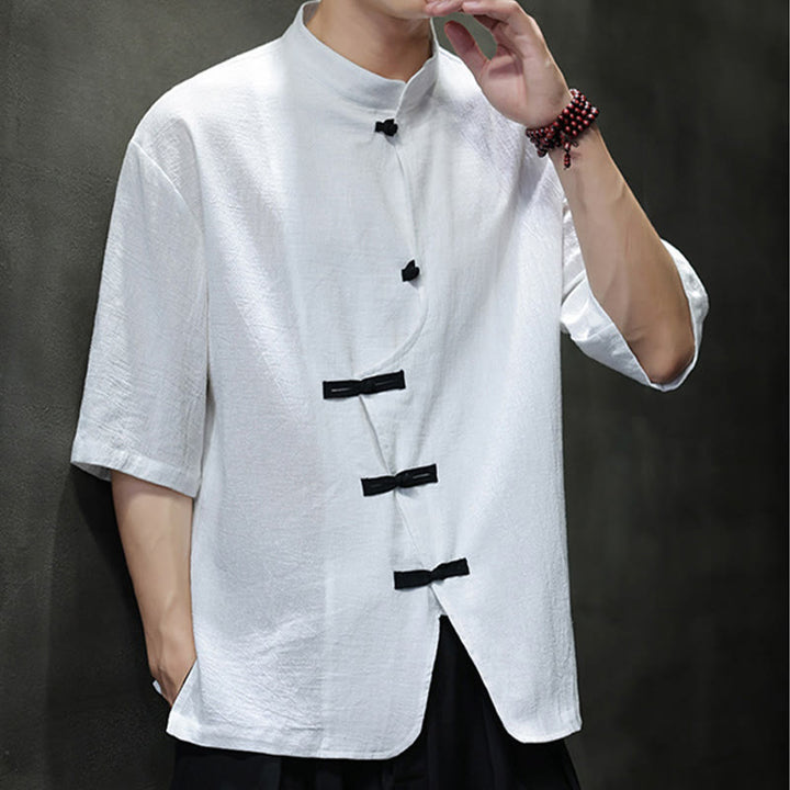 Buddha Stones Plain Chinese Frog-Button Stand Collar Cotton Linen Men's Half Sleeve Shirt - image 10