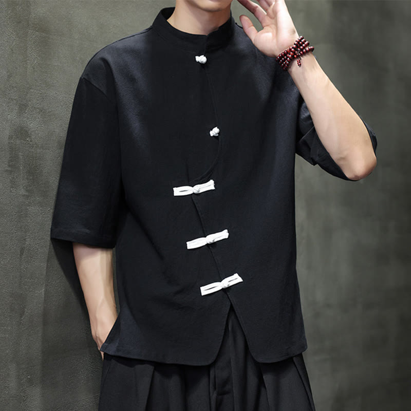 Buddha Stones Plain Chinese Frog-Button Stand Collar Cotton Linen Men's Half Sleeve Shirt - image 5