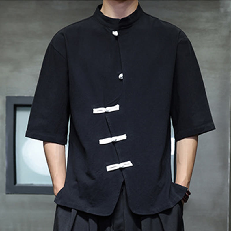 Buddha Stones Plain Chinese Frog-Button Stand Collar Cotton Linen Men's Half Sleeve Shirt - image 2