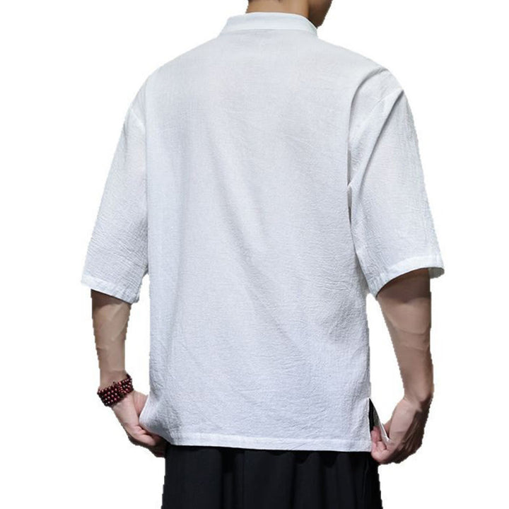 Buddha Stones Plain Chinese Frog-Button Stand Collar Cotton Linen Men's Half Sleeve Shirt - image 14