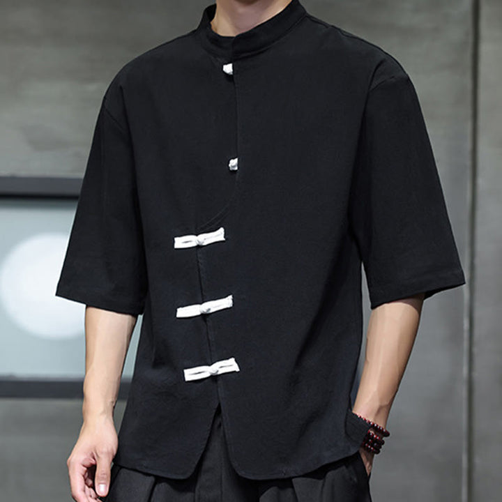 Buddha Stones Plain Chinese Frog-Button Stand Collar Cotton Linen Men's Half Sleeve Shirt - image 4