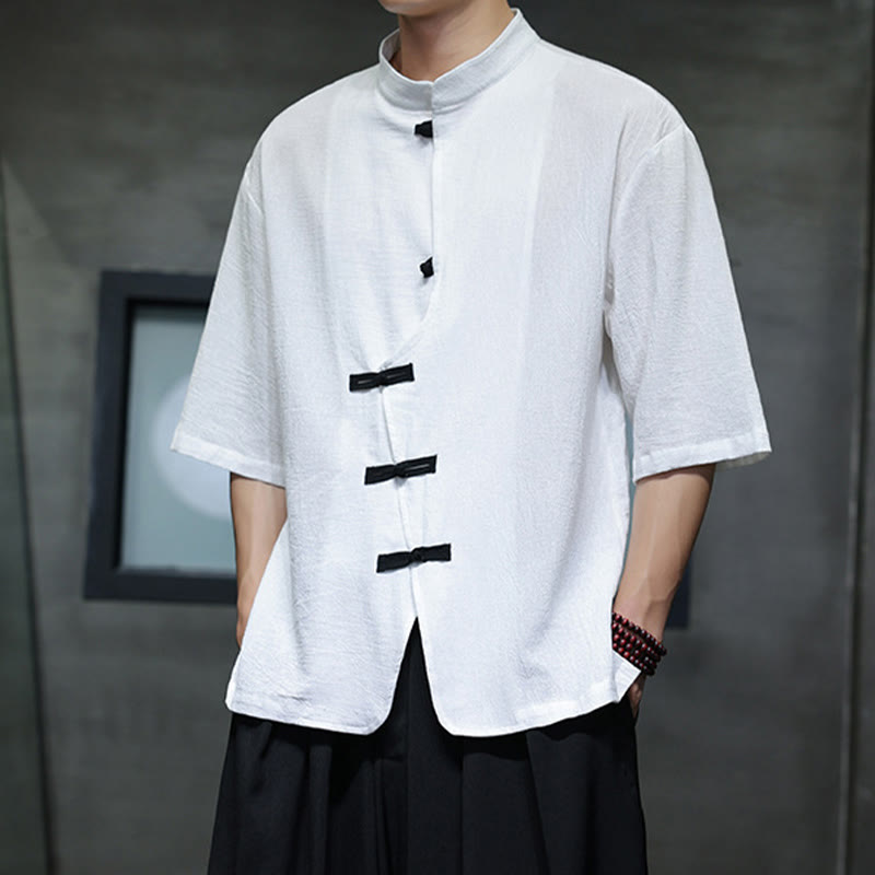 Buddha Stones Plain Chinese Frog-Button Stand Collar Cotton Linen Men's Half Sleeve Shirt - image 9