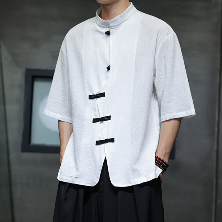 Buddha Stones Plain Chinese Frog-Button Stand Collar Cotton Linen Men's Half Sleeve Shirt - image 9