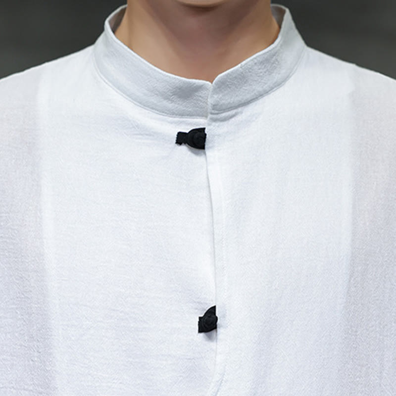Buddha Stones Plain Chinese Frog-Button Stand Collar Cotton Linen Men's Half Sleeve Shirt - image 12