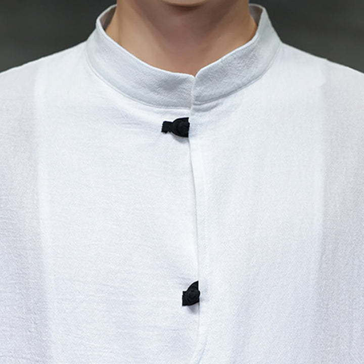 Buddha Stones Plain Chinese Frog-Button Stand Collar Cotton Linen Men's Half Sleeve Shirt - image 12