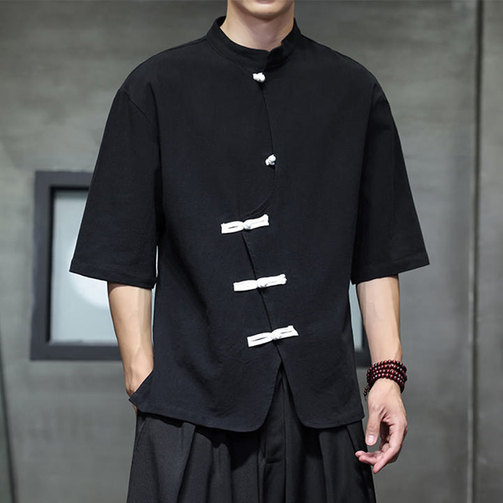 Buddha Stones Plain Chinese Frog-Button Stand Collar Cotton Linen Men's Half Sleeve Shirt - image 6