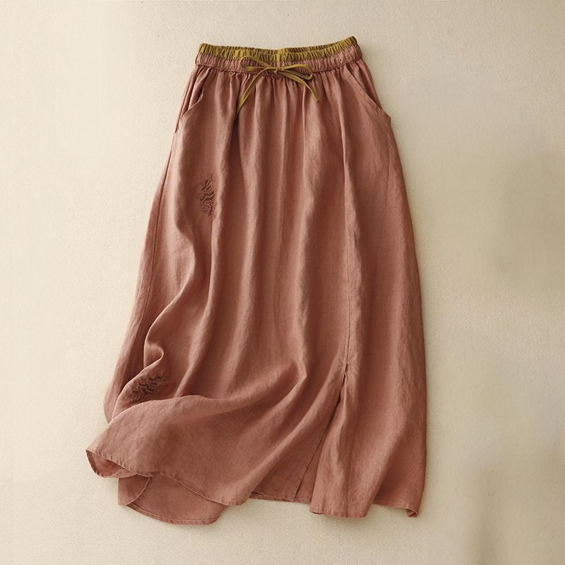 Buddha Stones Vintage Solid Embroidery Drawstring Women's Skirt With Pockets - Coral - US8-10，UK/AU12-14，EU40-42 (2XL) - image 18