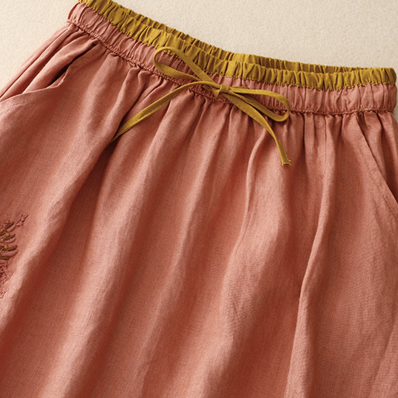 Buddha Stones Vintage Solid Embroidery Drawstring Women's Skirt With Pockets - image 19