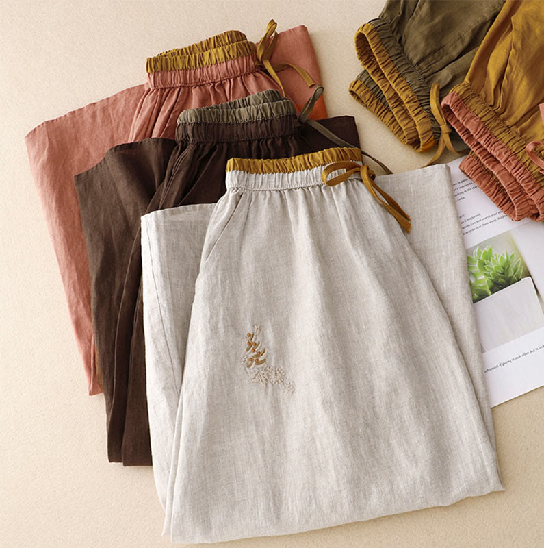 Buddha Stones Vintage Solid Embroidery Drawstring Women's Skirt With Pockets - image 28