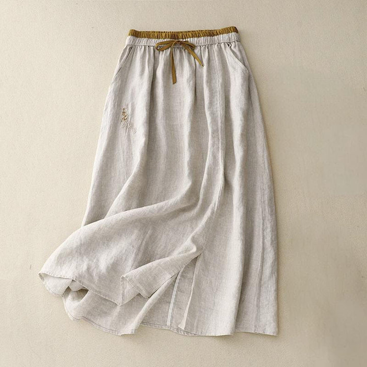 Buddha Stones Vintage Solid Embroidery Drawstring Women's Skirt With Pockets - Beige - US8-10，UK/AU12-14，EU40-42 (2XL) - image 6