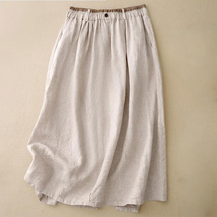 Buddha Stones Vintage Casual Plain Side Slit Elastic Waist Cotton Linen Women's Skirt With Pockets - Beige - US8-10，UK/AU12-14，EU40-42 (2XL) - image 0