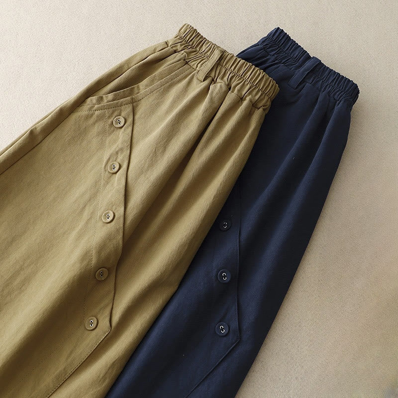 Buddha Stones Casual Plain Asymmetrical Button Design Cotton Women's Skirt With Pockets - image 9