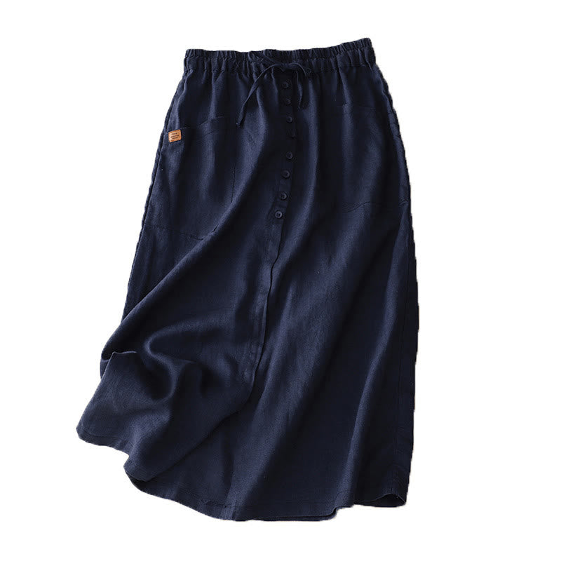 Buddha Stones Spring Lace-Up Button Slit Design Women's Cotton Linen Skirt With Pockets - image 6