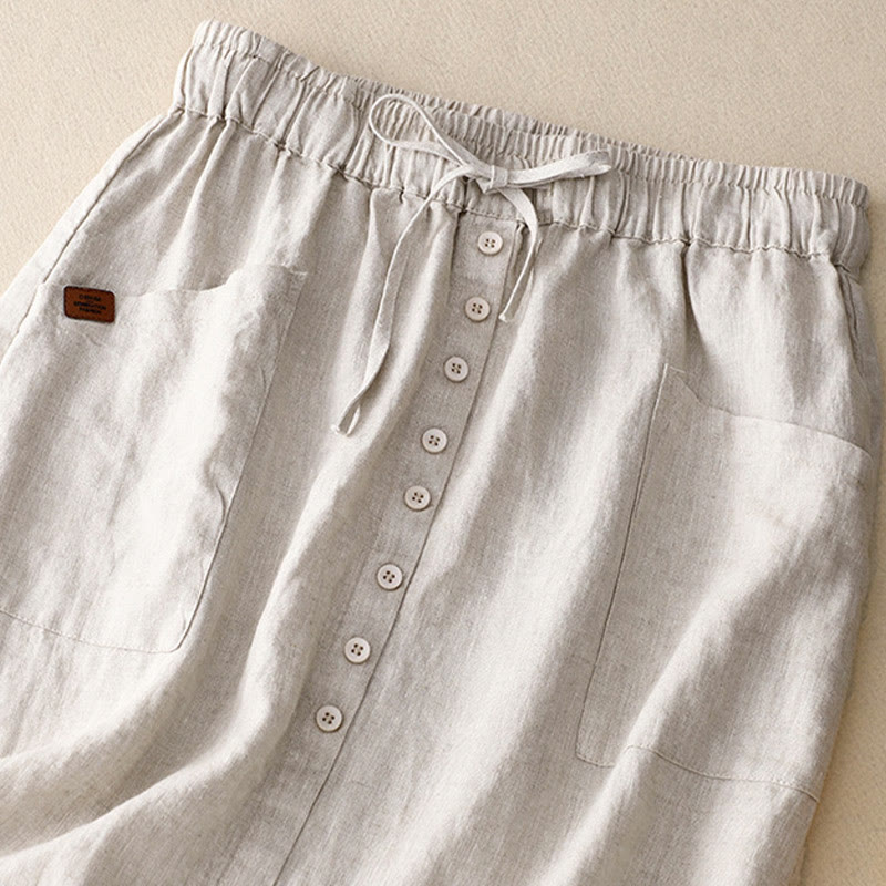 Buddha Stones Spring Lace-Up Button Slit Design Women's Cotton Linen Skirt With Pockets - image 1
