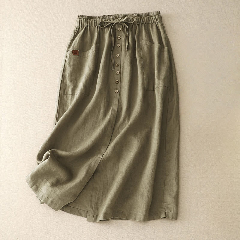 Buddha Stones Spring Lace-Up Button Slit Design Women's Cotton Linen Skirt With Pockets - OliveDrab - US8-10，UK/AU12-14，EU40-42 (2XL) - image 2