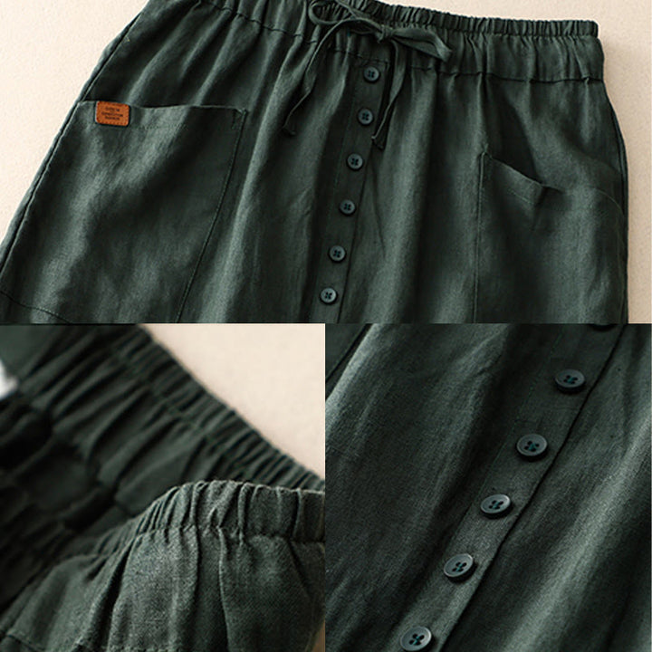 Buddha Stones Spring Lace-Up Button Slit Design Women's Cotton Linen Skirt With Pockets - image 8