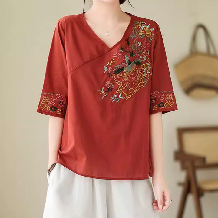 Buddha Stones Casual Colorful embroidery plants bird pattern Women's V-Neck Design Half Sleeve Cotton T-Shirt - image 17