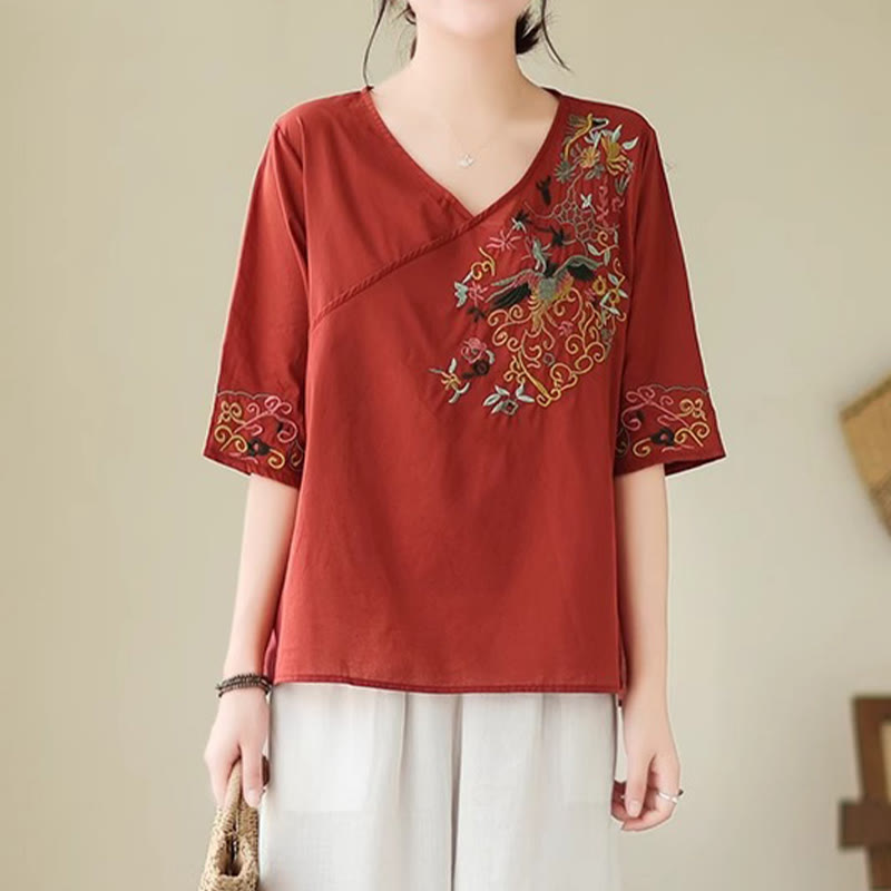 Buddha Stones Casual Colorful embroidery plants bird pattern Women's V-Neck Design Half Sleeve Cotton T-Shirt - FireBrick - US12，UK/AU16，EU44 (3XL) - image 16