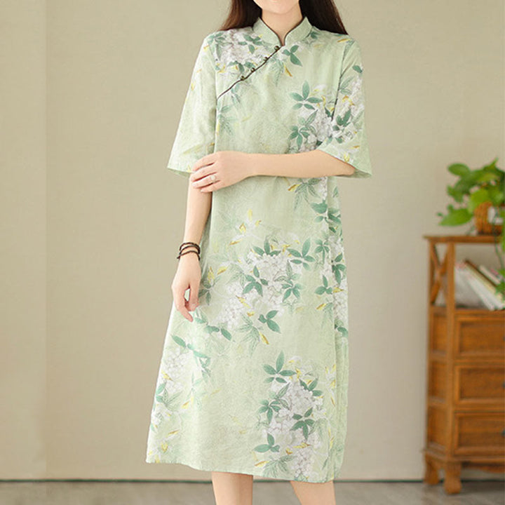 Buddha Stones Floral Jacquard Cotton Linen Chinese Cheongsam Qipao Half Sleeve Midi Dress With Pockets - image 4