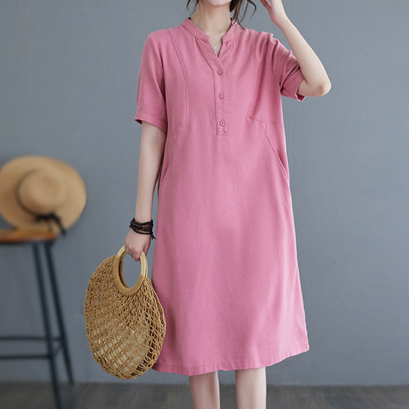 Buddha Stones Casual Daily Pure Color Button Design Short Sleeve Cotton Linen Midi Dress With Pockets - image 1