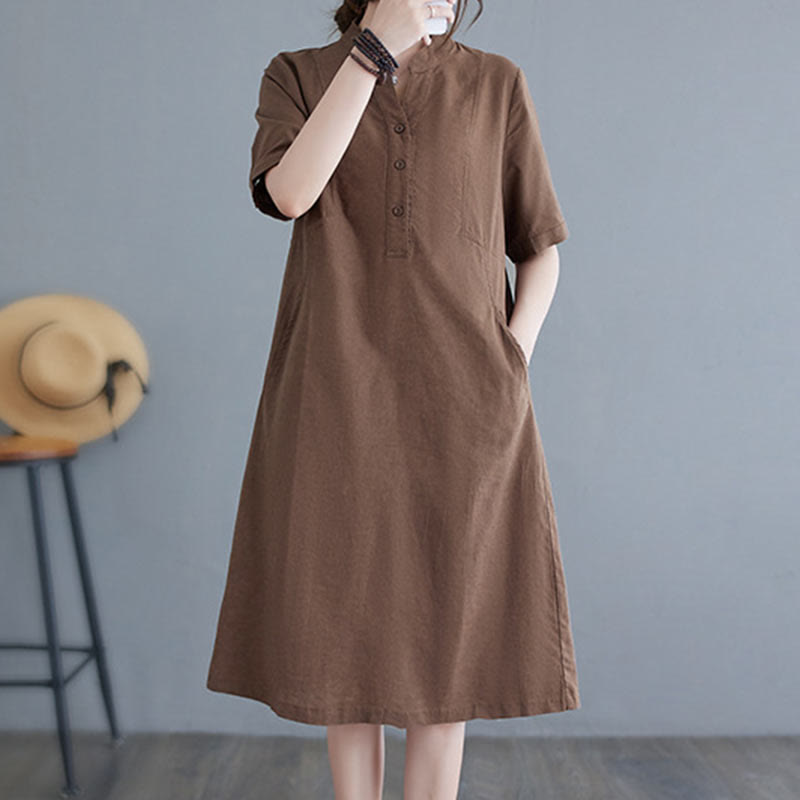 Buddha Stones Casual Daily Pure Color Button Design Short Sleeve Cotton Linen Midi Dress With Pockets - image 13