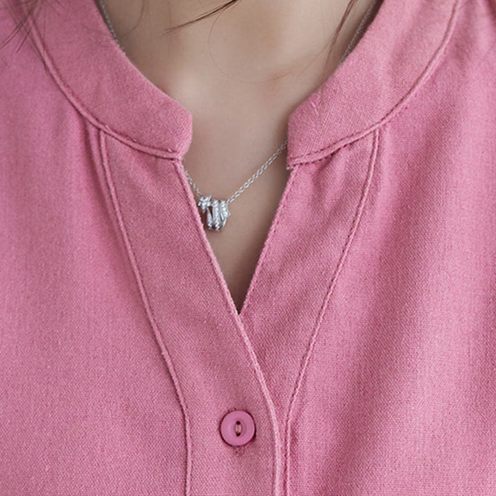 Buddha Stones Casual Daily Pure Color Button Design Short Sleeve Cotton Linen Midi Dress With Pockets - image 5