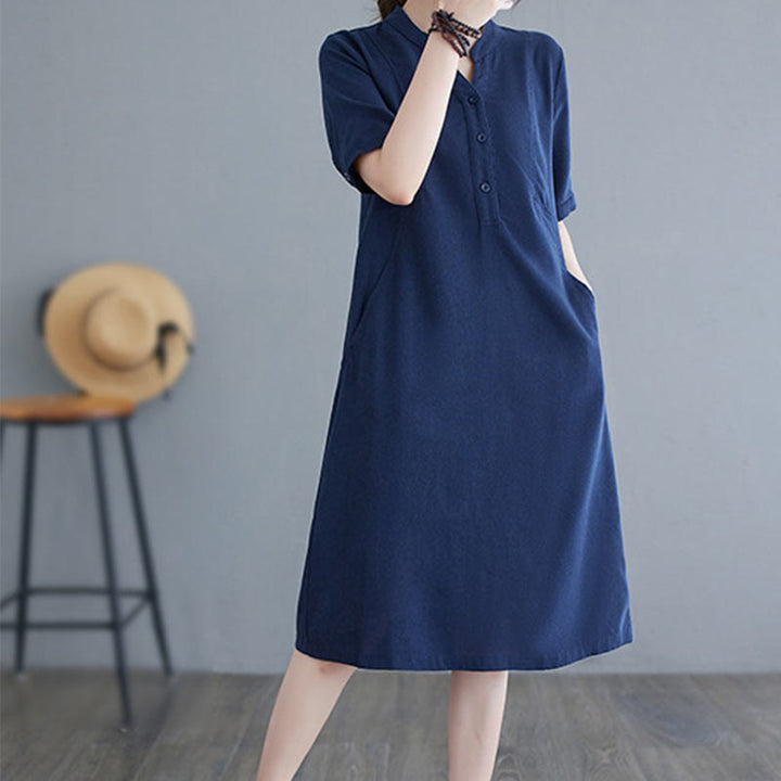 Buddha Stones Casual Daily Pure Color Button Design Short Sleeve Cotton Linen Midi Dress With Pockets - image 18