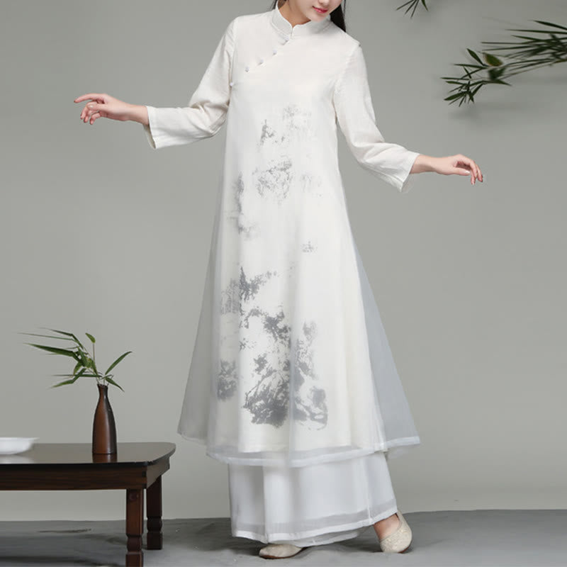 Buddha Stones  Chinese Frog-Button Design Long Sleeve Chiffon Midi Dress - image 2