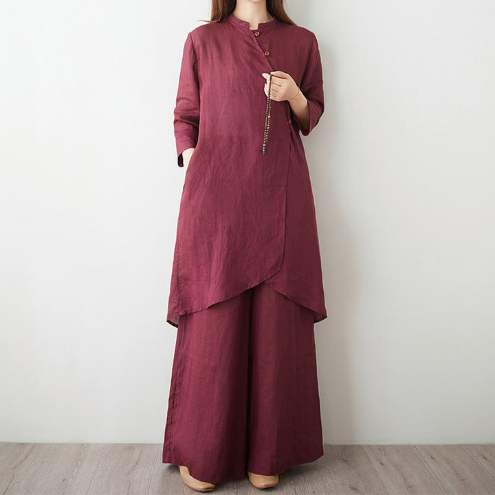 Buddha Stones 2Pcs Three Quarter Sleeve Shirt Top Pants Meditation Zen Tai Chi Cotton Linen Clothing Women's Set - IndianRed - US8-10，UK/AU12-14，EU40-42 (2XL) - image 0