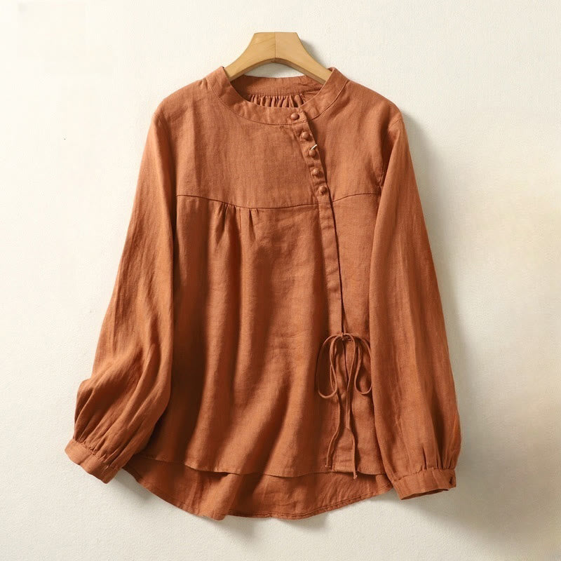 Buddha Stones Fall Casual Solid Color Stand Collar Long Sleeve Cotton Linen Women's Shirt - image 1