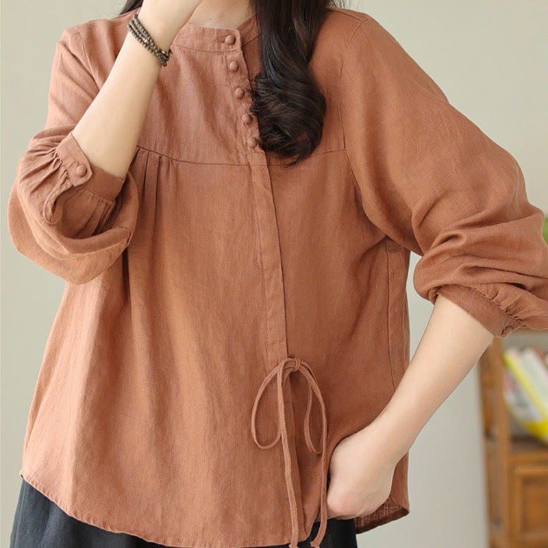 Buddha Stones Fall Casual Solid Color Stand Collar Long Sleeve Cotton Linen Women's Shirt - Chocolate - US8-10，UK/AU12-14，EU40-42 (2XL) - image 1