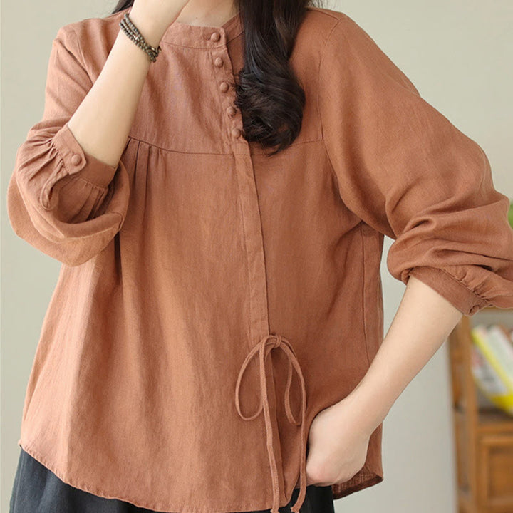 Buddha Stones Fall Casual Solid Color Stand Collar Long Sleeve Cotton Linen Women's Shirt - Chocolate - US8-10，UK/AU12-14，EU40-42 (2XL) - image 1