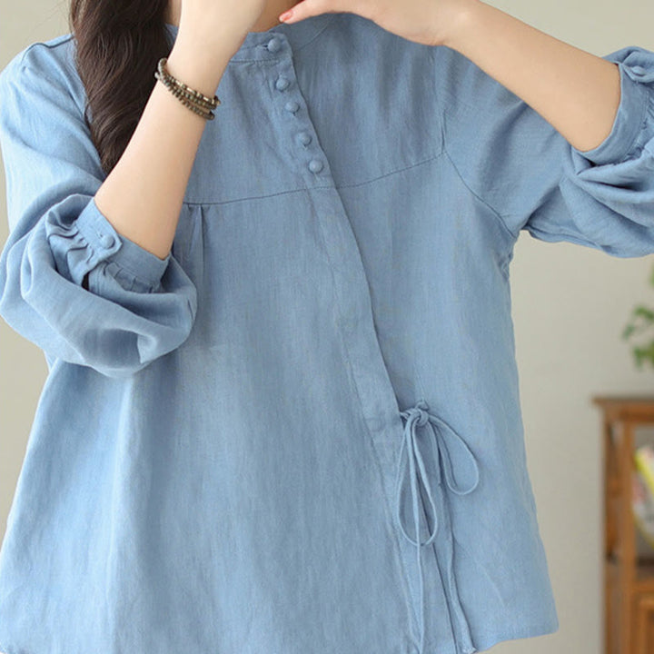 Buddha Stones Fall Casual Solid Color Stand Collar Long Sleeve Cotton Linen Women's Shirt - LightSkyBlue - US8-10，UK/AU12-14，EU40-42 (2XL) - image 8