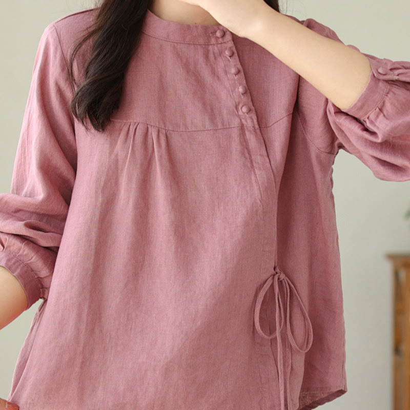 Buddha Stones Fall Casual Solid Color Stand Collar Long Sleeve Cotton Linen Women's Shirt - LightCoral - US8-10，UK/AU12-14，EU40-42 (2XL) - image 22